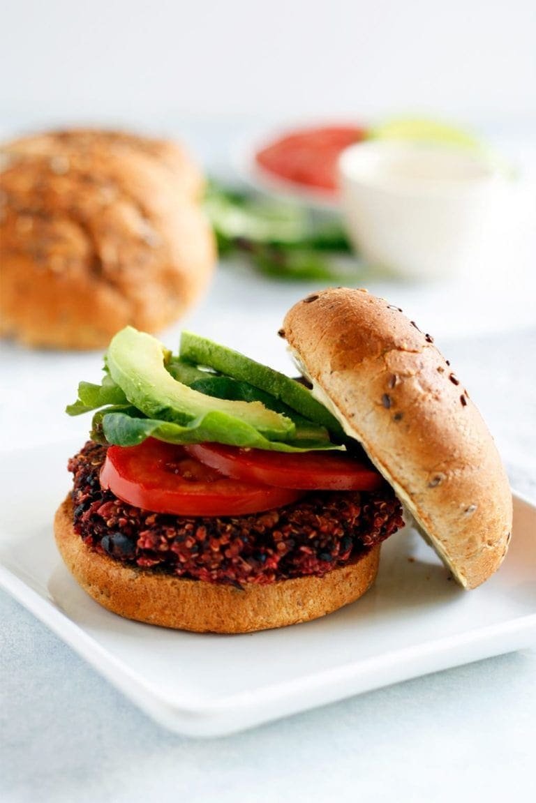 QUINOA BLACK BEAN AND BEETROOT BURGER WITH SIDE SALAD